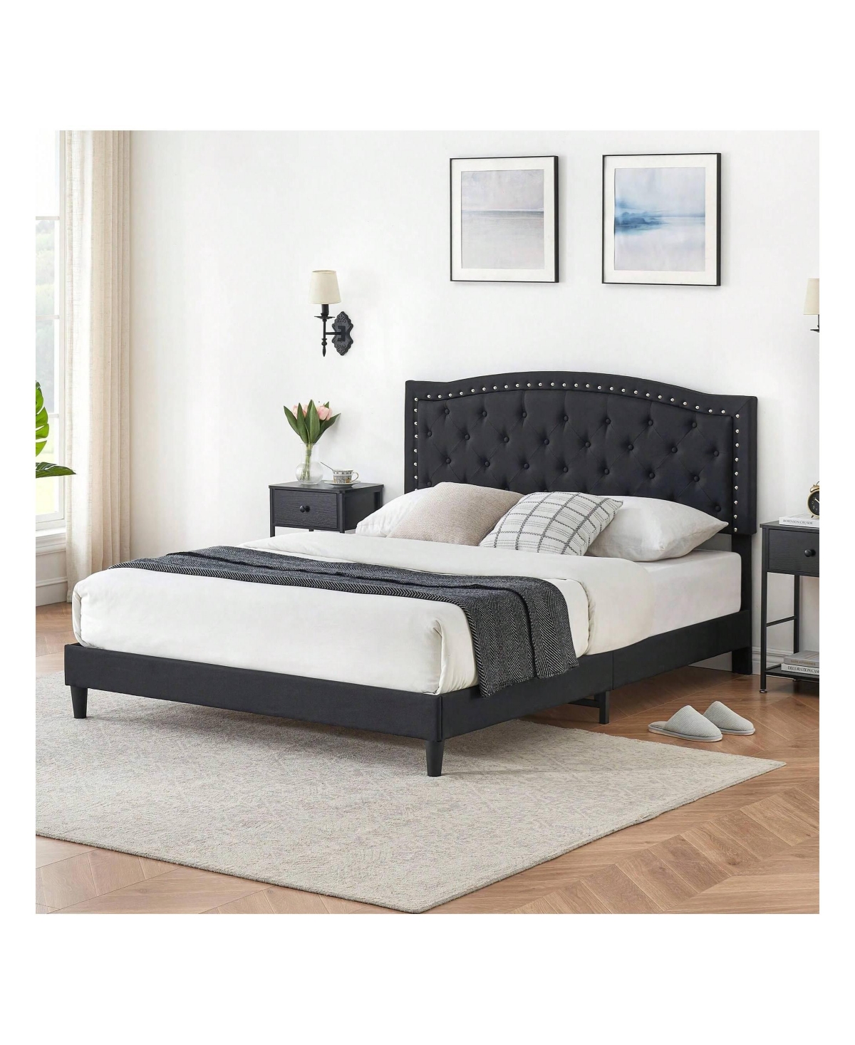 gaomon Upholstered Bed Frame With Height-Adjustable Headboard, Linen Platform Bed Frame Mattress Foundation With Wooden Slats Support, No Box Spring N