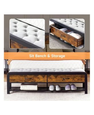 Queen/King Size Metal Bed Frame with 2 Storage Drawers, Open Shelf, Wooden Headboard, Metal Slats Support, Platform Bed Frame