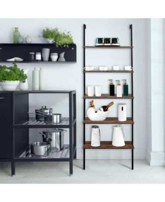 Industrial Wall-Mounted Bookcase 5-Tier Open Ladder Shelf with Metal Frame for Stylish Storage