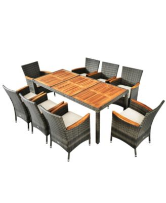 9 Pieces Rattan Patio Dining Set with Acacia Wood Table and Cushioned Chair