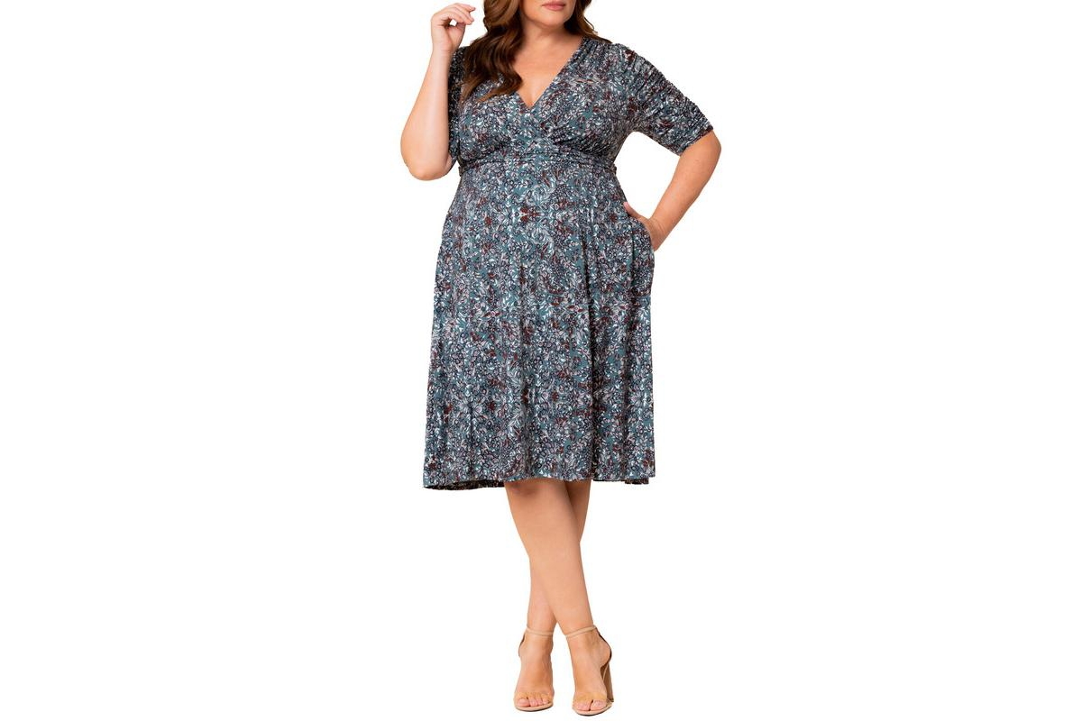 Kiyonna Plus Size Gabriella Ruched Sleeve Midi Dress with Pockets