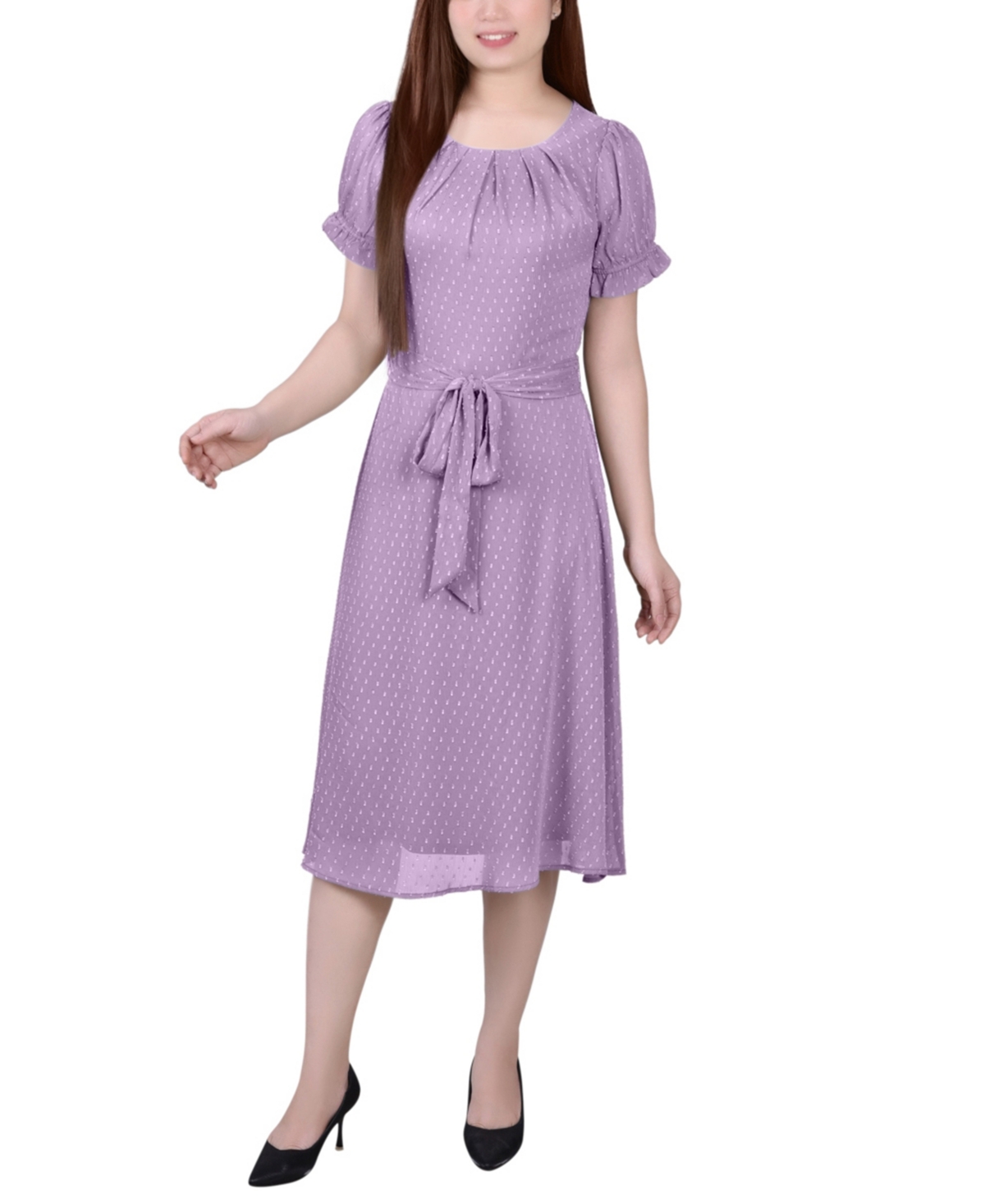 Ny Collection Women's Short Sleeve Belted Swiss Dot Dress