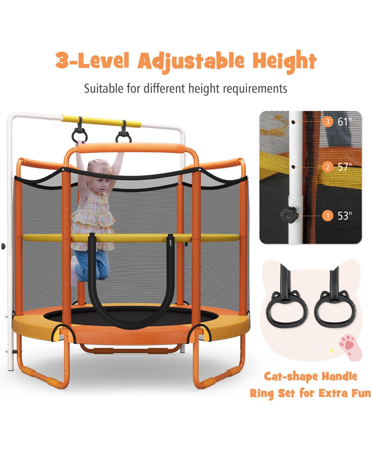 Gymax 5FT Kids 3-in-1 Game Trampoline Seamless W/ Enclosure Net Spring Pad In/ Outdoor - Orange + yellow + black