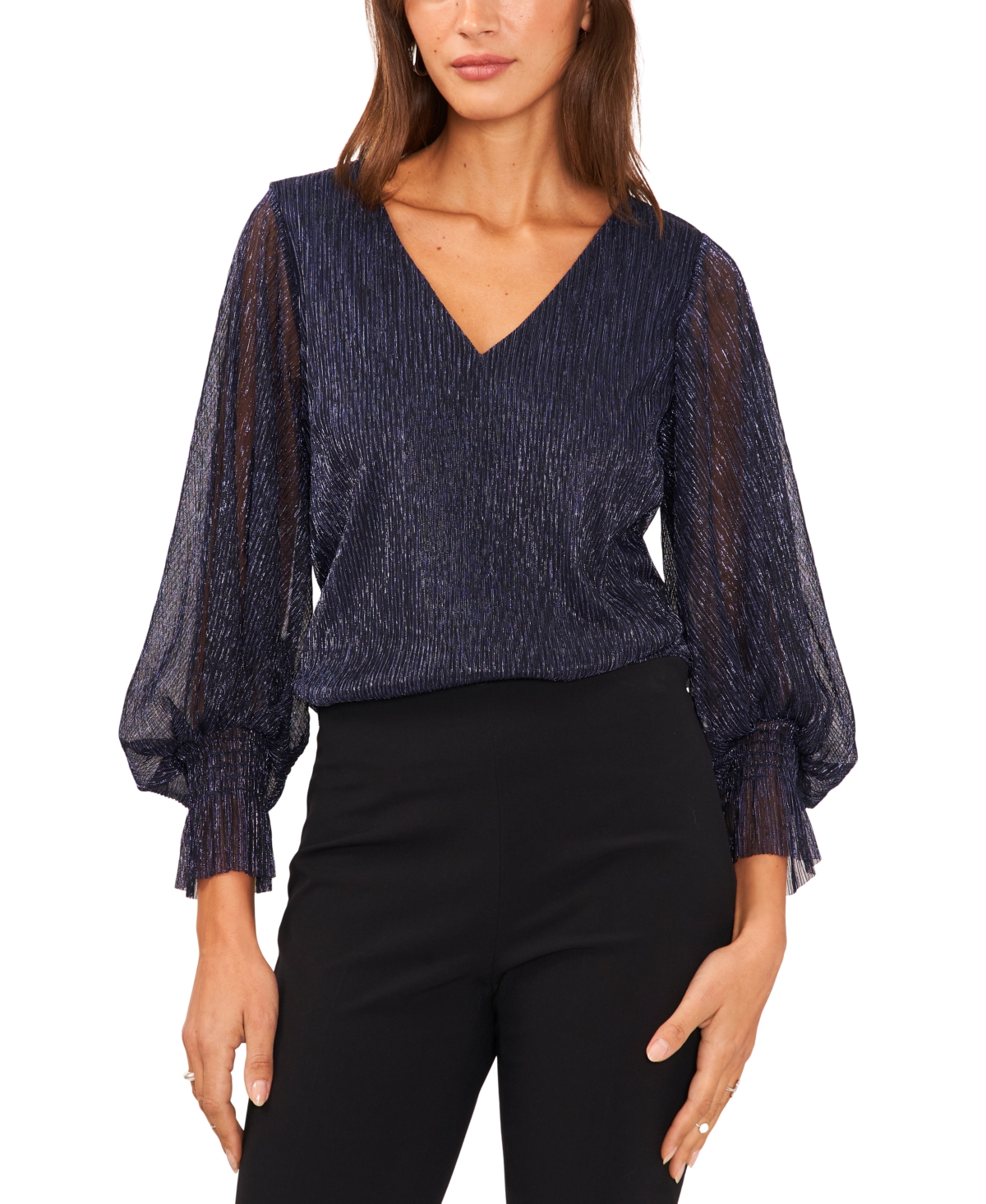 VINCE CAMUTO WOMEN'S METALLIC V-NECK SHEER-SLEEVE TOP