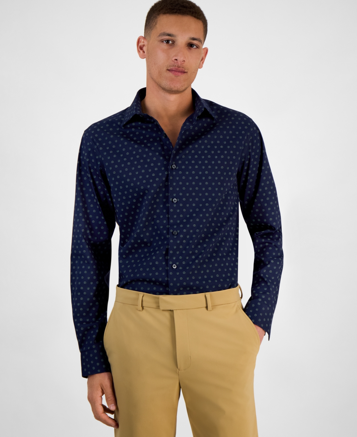 Men's Slim Fit Long Sleeve Button-Front Geo Print Dress Shirt, Exclusively at Macy's - White Lilac
