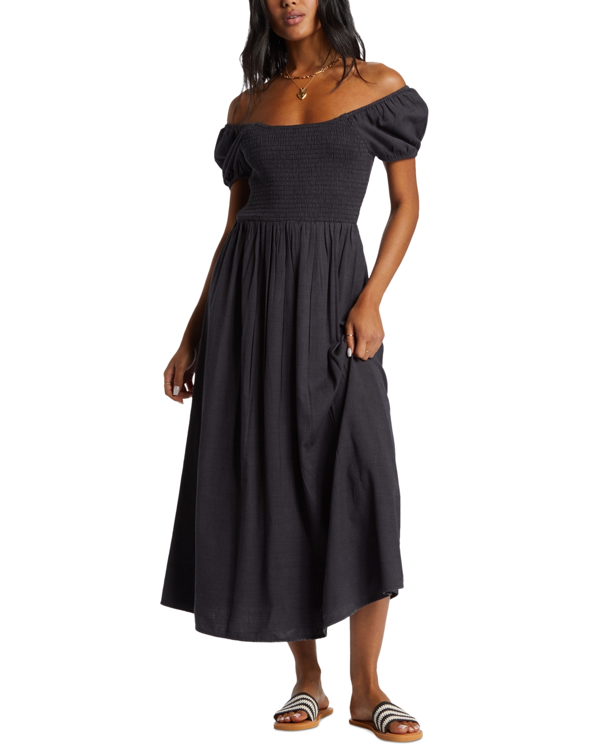 Juniors' Midnight Sky Smocked Puff-Sleeve Midi Dress - Black Sands