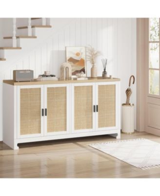 Buffet Cabinet with Storage, Sideboard Kitchen Storage Cabinet with 4 Rattan Decorated Doors