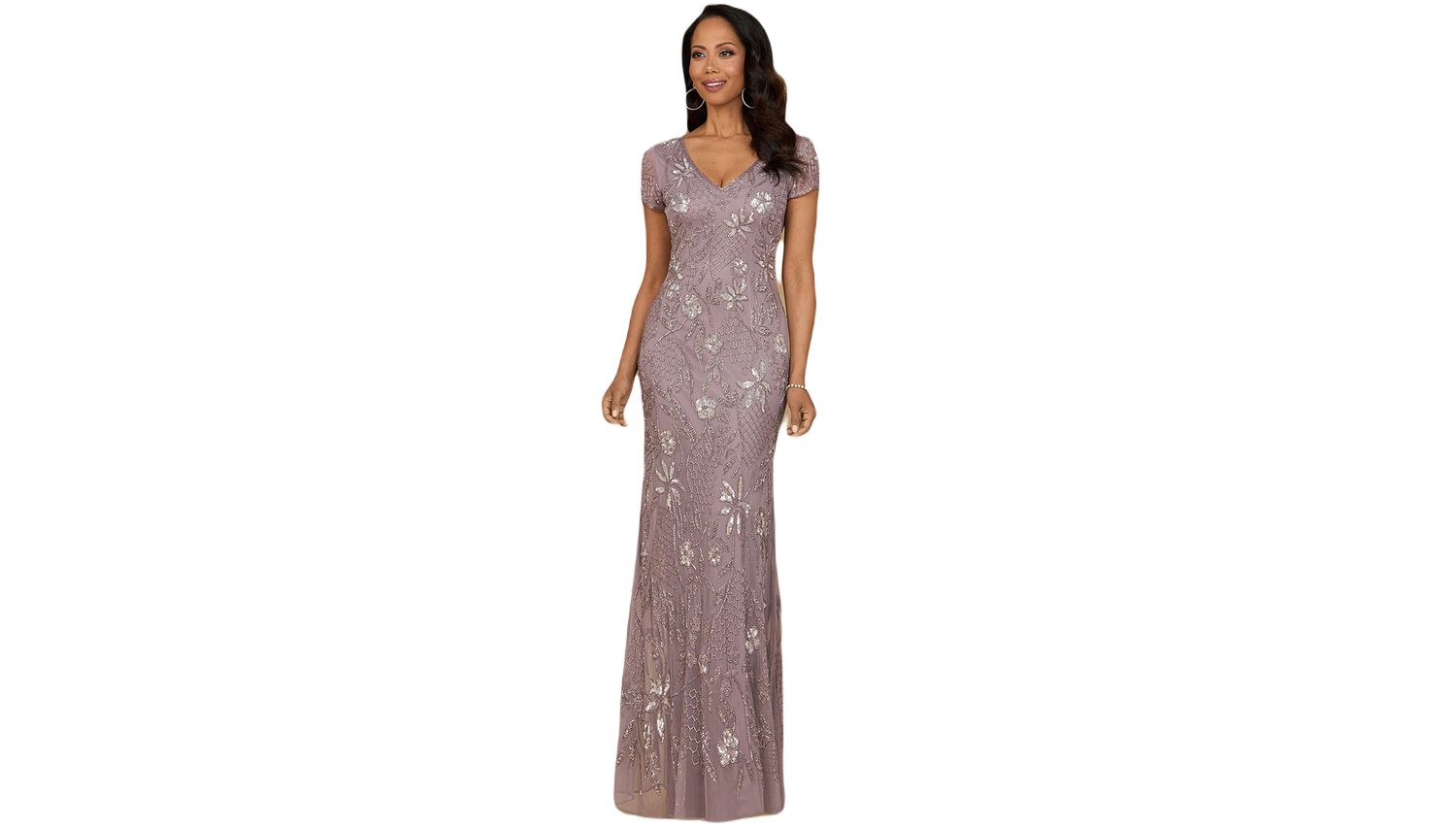 Women's V-Neck, Short Sleeve Beaded Gown