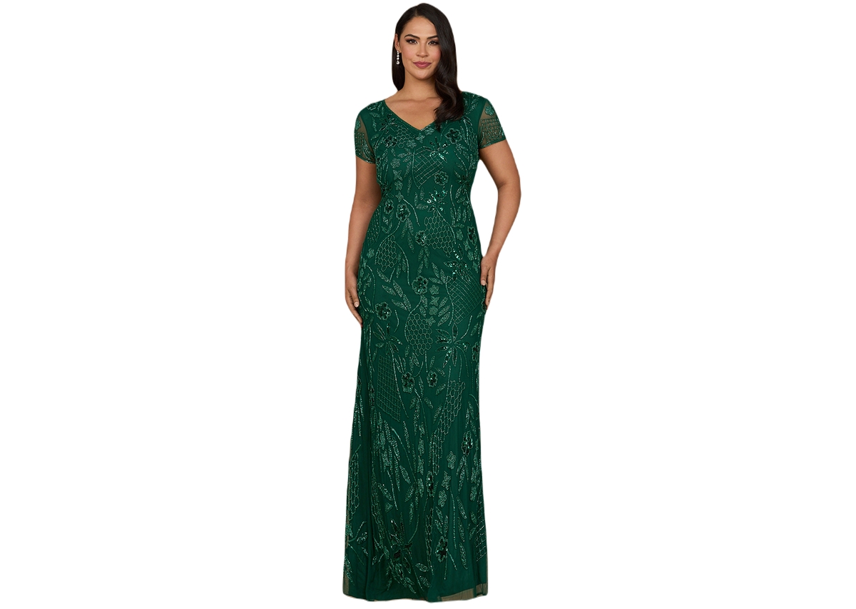 Women's V-Neck, Short Sleeve Beaded Gown - Dark green