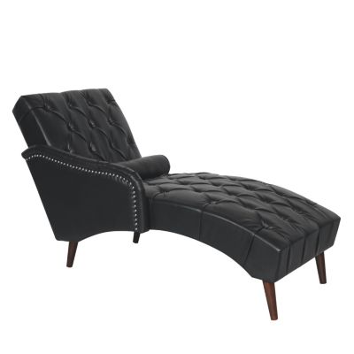 Black Tufted Chaise Lounge with Pillow and Wood Legs