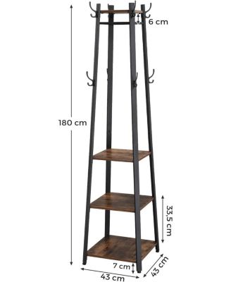 Industrial Style Coat Rack with 3 Shelves, Rustic Brown &amp; Black
