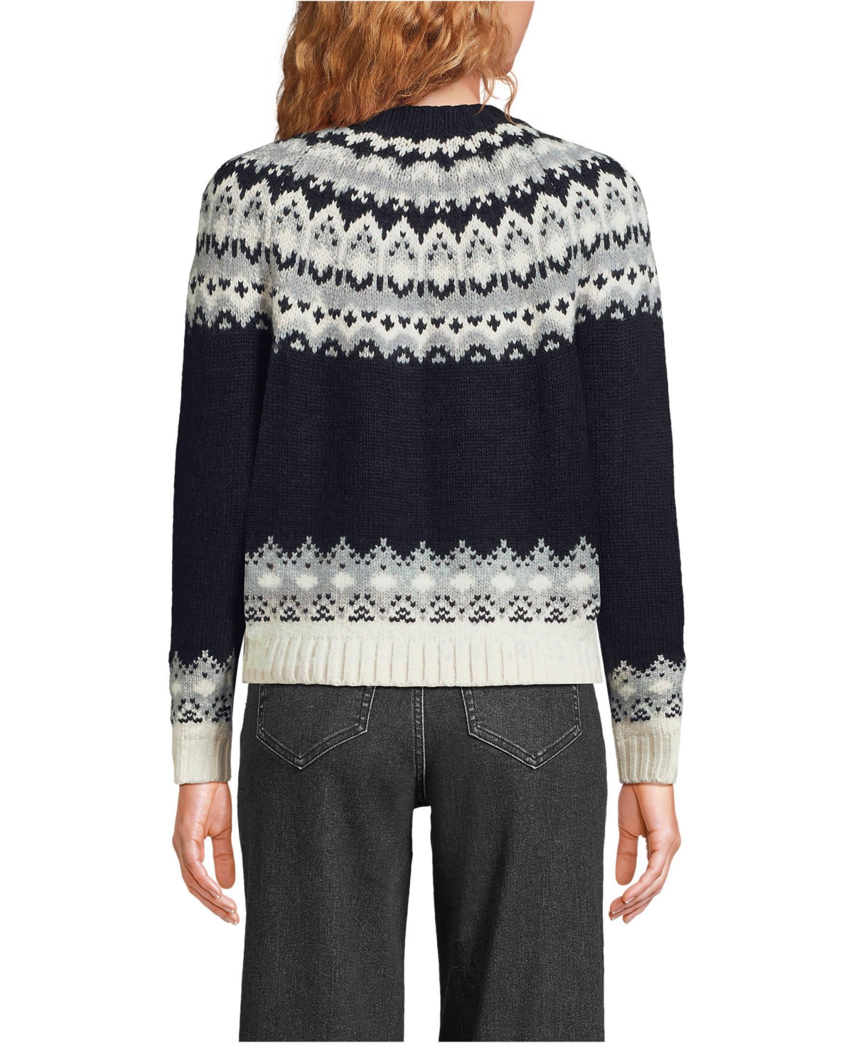 Lands' End Women's Cozy Lofty Fair Isle Cardigan Sweater -black fairisle