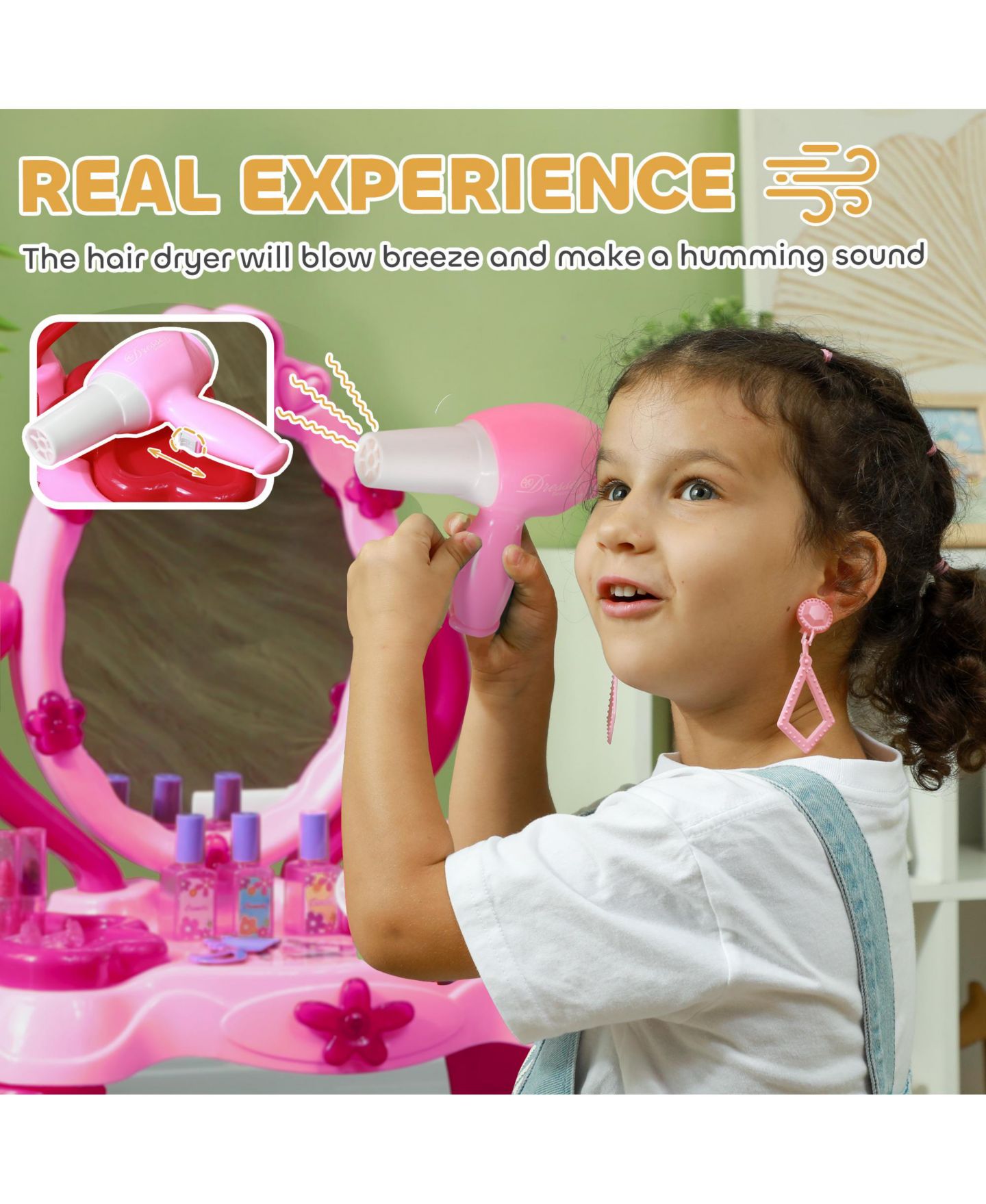 Детские игрушки Qaba Light-Up Mirror Vanity Set with Stool, 15-Piece, Ages 3+ — фото 3
