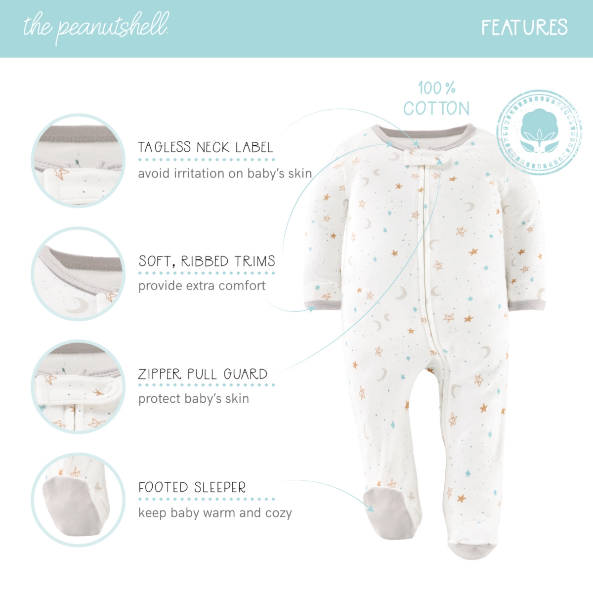 The Peanutshell Baby Boys Neutral Celestial Footed Sleepers Girls, 3 Pack -tan/white