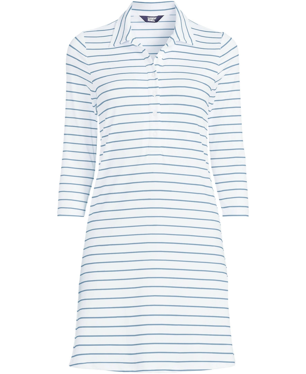 Lands' End Women's Active 3/4 Sleeve Polo Dress -pale slate blue stripes