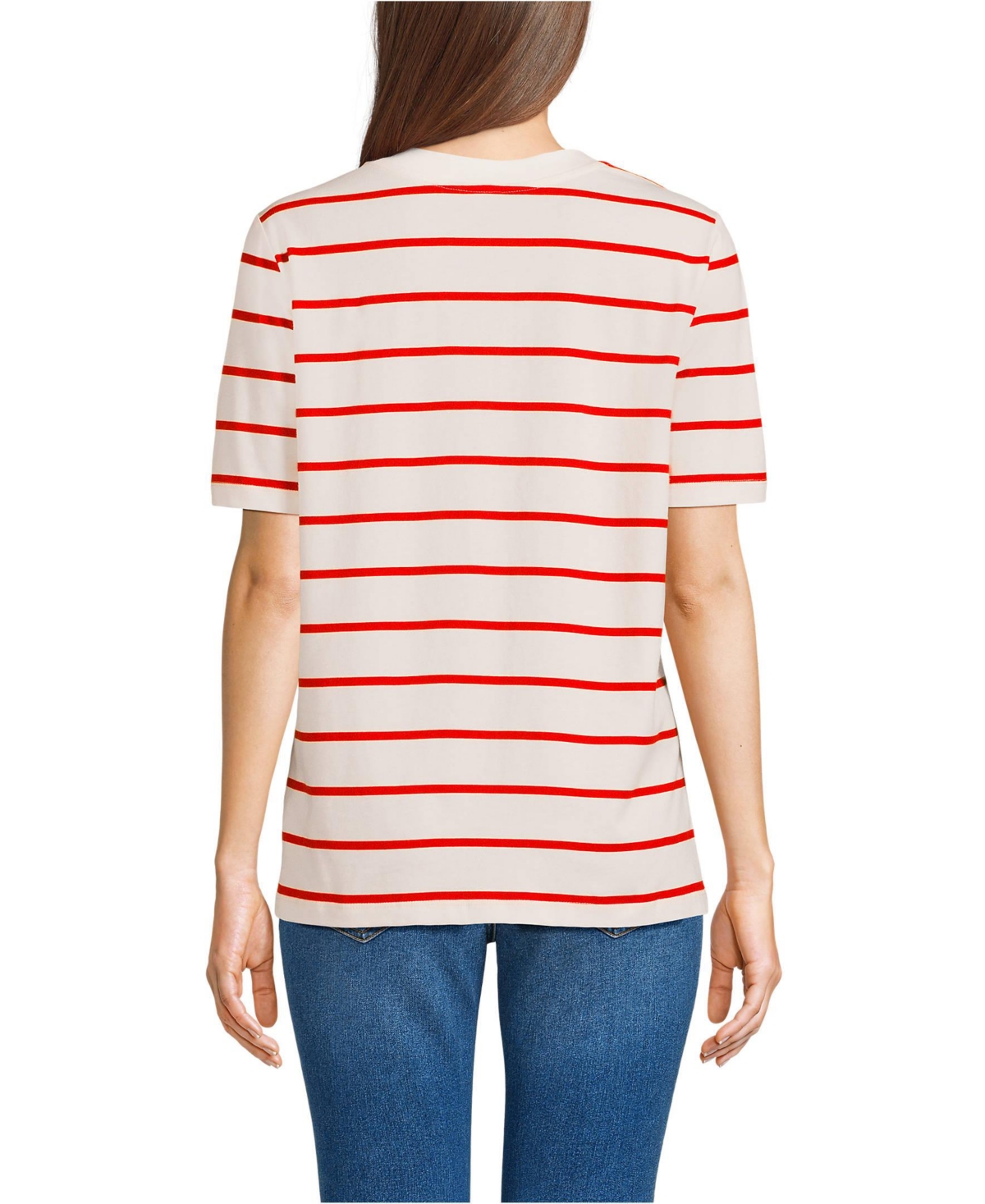 Lands' End Women's Cotton Relaxed Short Sleeve Crew Neck T-Shirt -red stripe