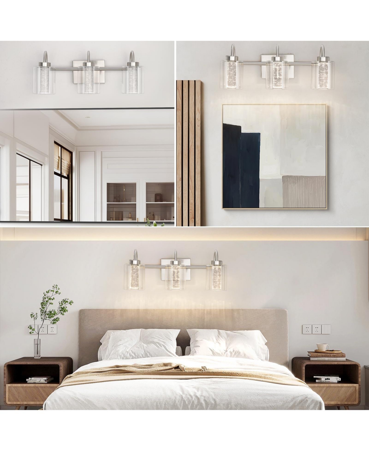 gaomon 3 Light Brushed Nickel Bathroom Light Fixtures, Vanity Lights Crystal Bubble Glass Dimmable 3 Color