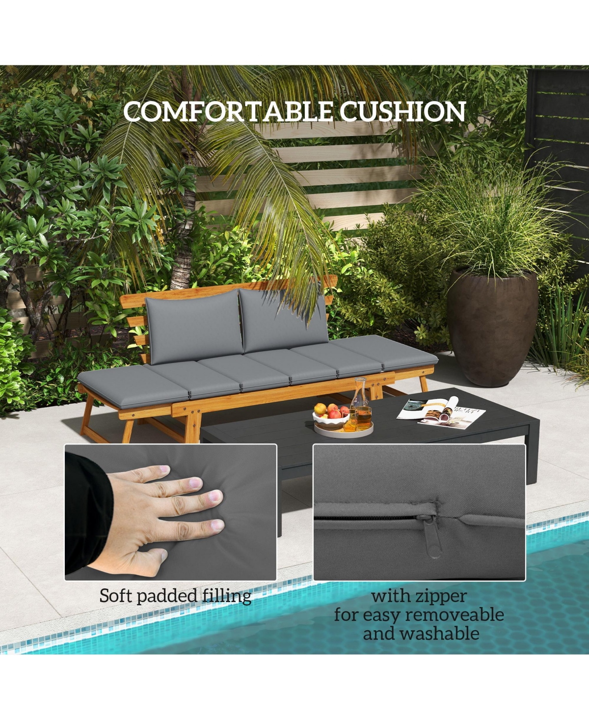 Outsunny Wooden Garden Bench for Outdoor w/ Cushions, Patio Loveseat,- Gray