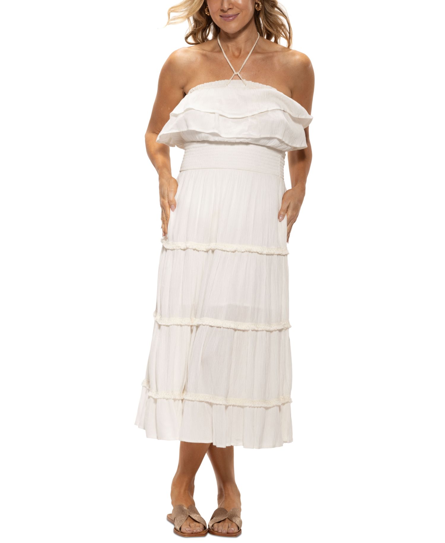 Women's Ruffled Smocked-Waist Tiered Cover-Up Dress