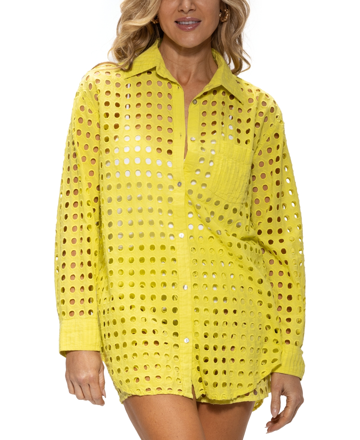 DOTTI WOMEN'S COTTON OPENWORK DOT COVER-UP BEACH SHIRT 
