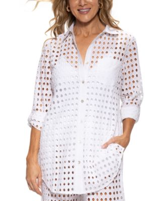 Dotti Women's Cotton Openwork Dot Cover-Up Beach Shirt Macy's