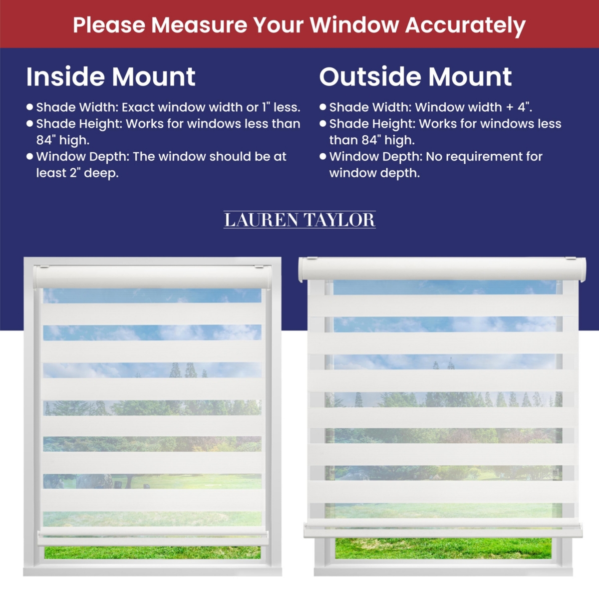 Lauren Taylor Cordless Zebra Blinds for Windows - 100% Polyester Pull Down Roller Shades for Windows, Dual Layer Sheer or Privacy Light Control Day &