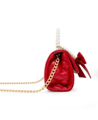 Girls Quilted Pearl Handle Bow Ribbon Handbag, Red