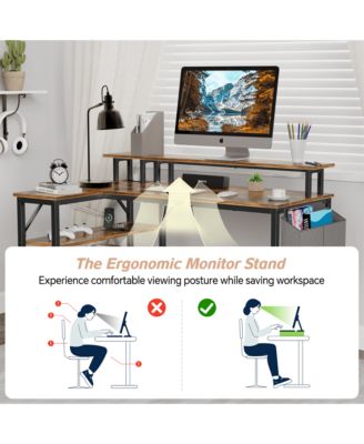 L-Shaped Desk with Power Outlets & Monitor Stand, 47 inch, Rustic Brown