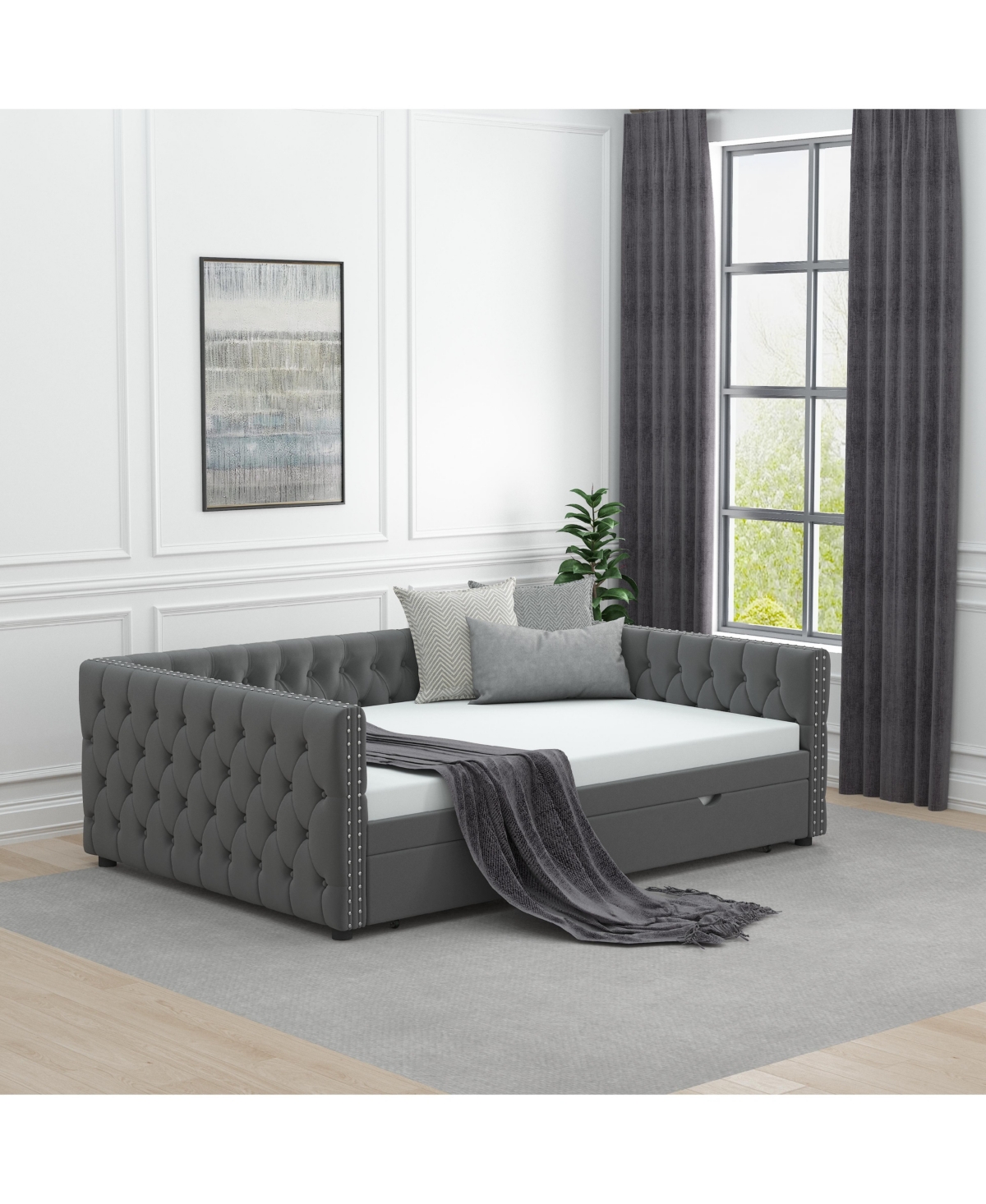 Slickblue Velvet Upholstered Daybed with Trundle - Tufted Full Sofa Bed for Bedroom or Guest Room