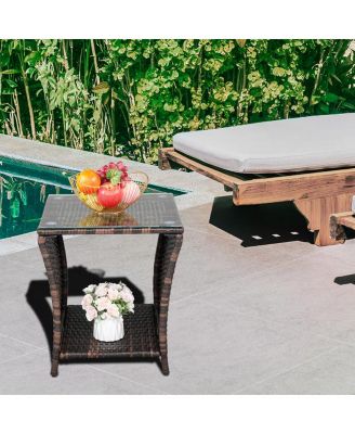 Brown Gradient Iron Frame Rattan Side Table with Glass Surface - Elegant Design