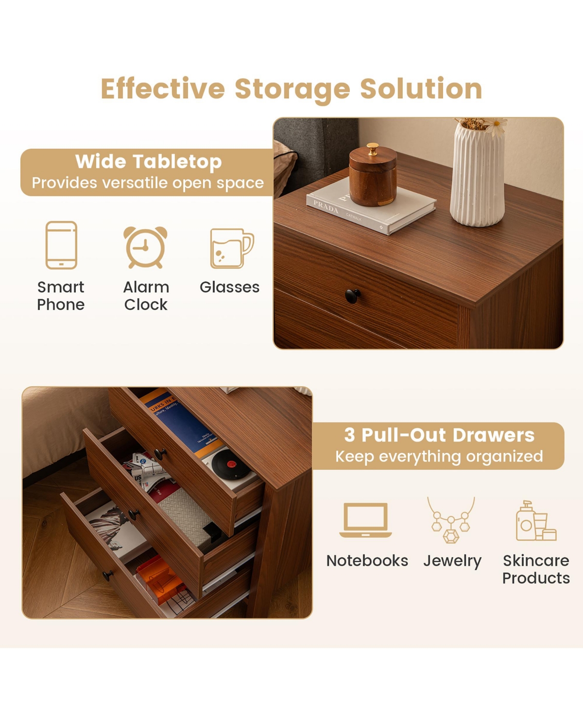 Gymax 3-Drawer Nightstand Wooden Bedside Table Modern Side End Table- Walnut