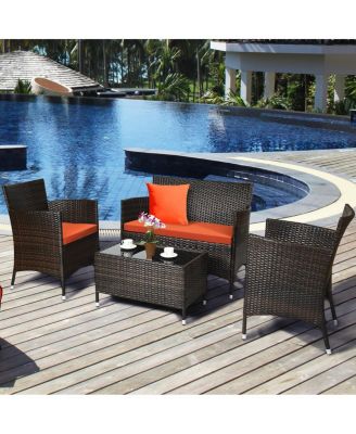4 Pieces Comfortable Outdoor Rattan Sofa Set with Glass Coffee Table