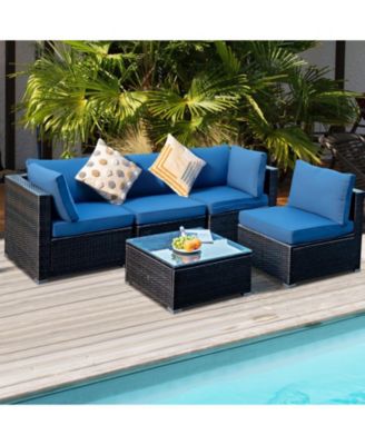 5 Pieces Cushioned Patio Rattan Furniture Set with Glass Table