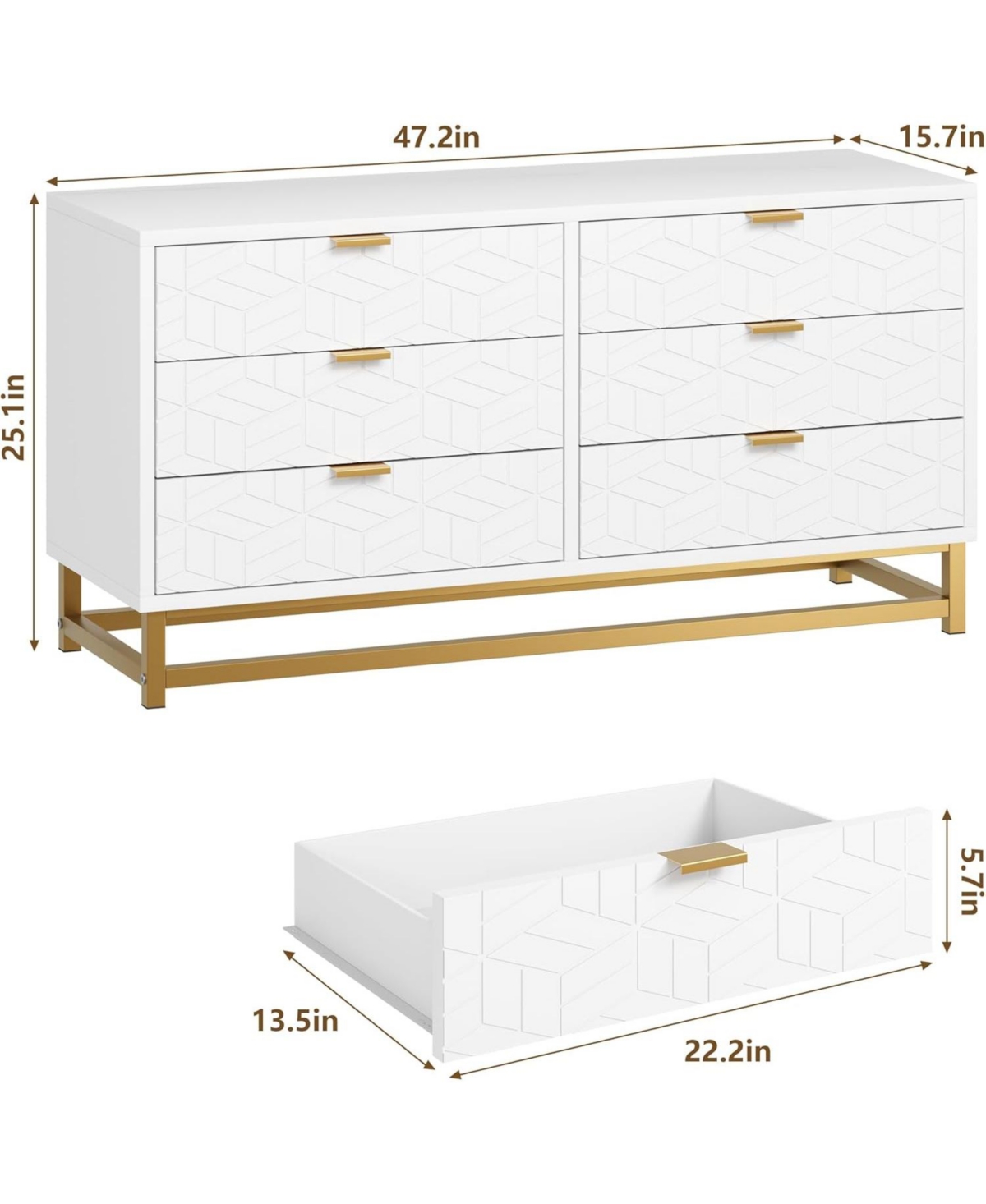 gaomon Dressers for Bedroom 6 Drawer, Chest of Drawers with Metal Base, Modern Dresser Chest Cabinet Organizer- White