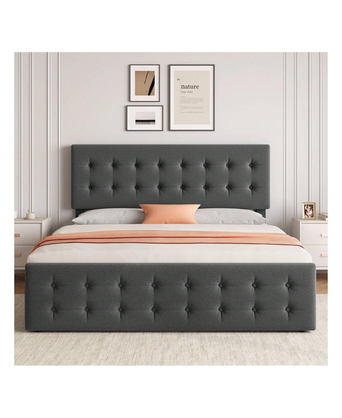 gaomon Bed Frame,With 4 Storage Drawers And Headboard, Linen Upholstered Platform Bed Frame With Wooden Slats Support, Button Tufted Design, No Box Sp
