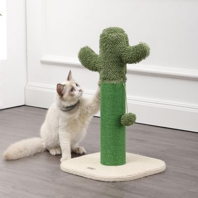 Pecos 21" Modern Jute Cactus Cat Scratching Post with Fuzzy Toy, Green/White