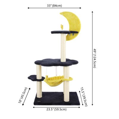 Aurora 49" 3-Tier Modern Sisal Moon And Stars Cat Tree with Scratching Posts, Basket, and Fuzzy Bell Toys, Navy/Yellow/White