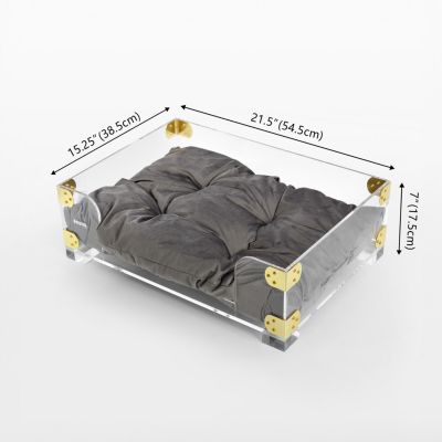 Haines 21.5" x 15.25" Small/Medium Modern Acrylic Velvet Pet Bed with Washable Cushion, Dark Gray/Clear