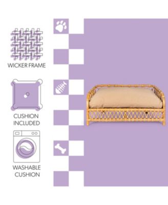 Elevated 27.5" x 17" Bohemian Handwoven Rattan Pet Daybed with Machine-Washable Cushion, Natural