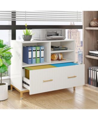 Lateral File Cabinet with Drawer Adjustable Hanging Rod for Letter A4 Files 35.4-Inch Wood Modern Printer Stand with Open Storage