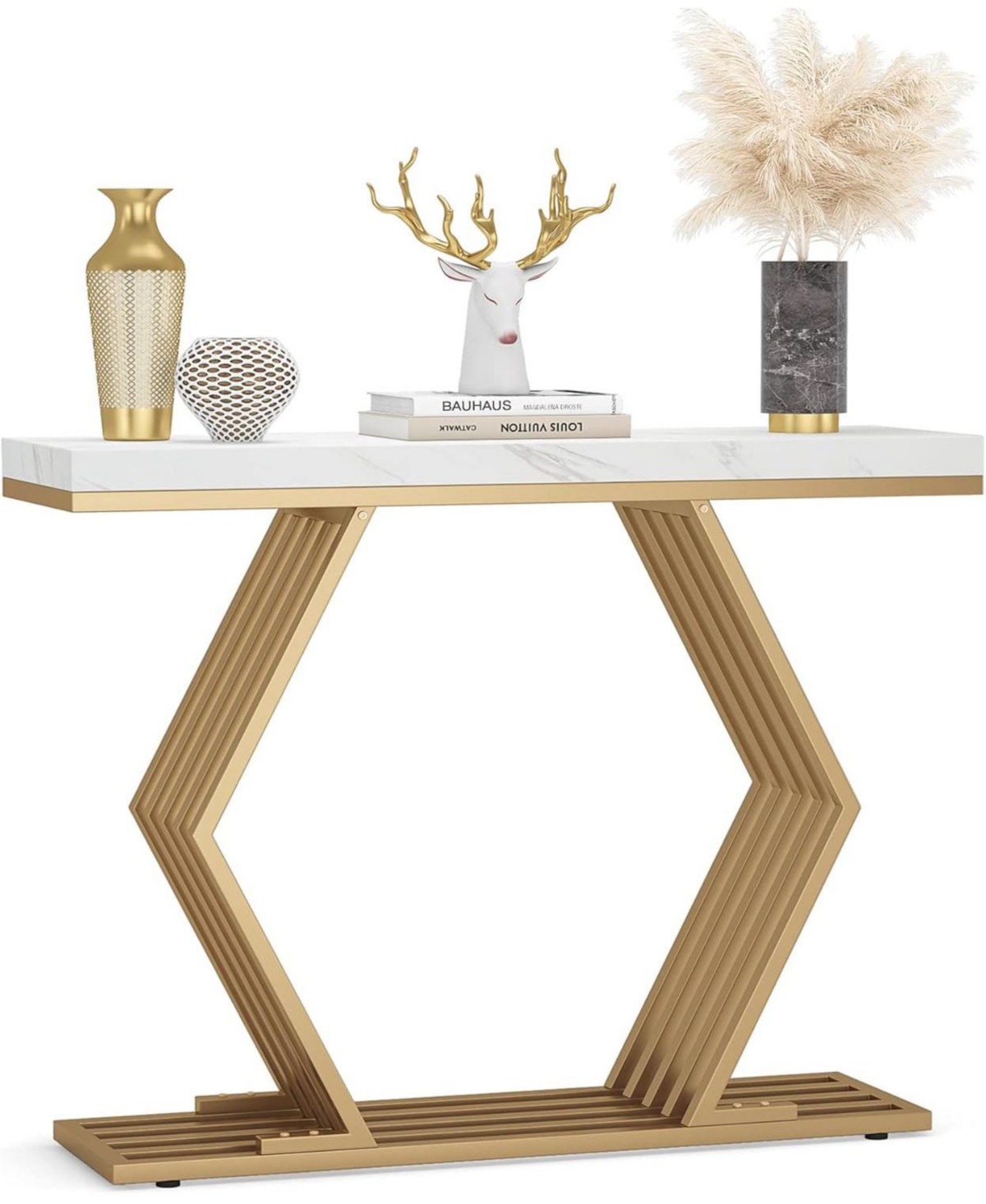 Tribesigns inches Modern Gold Console Table with Geometric Metal Base, White Faux Marble Narrow Entryway Table Foyer Table - White and gold