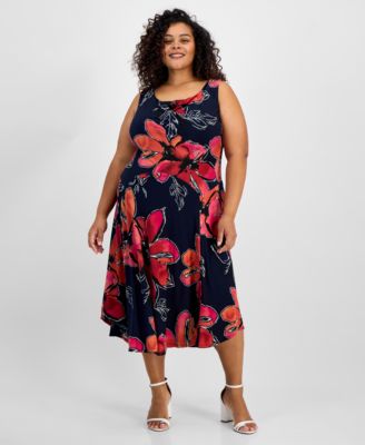 Robbie Bee - Plus Size Floral-Print Cowlneck Midi Dress