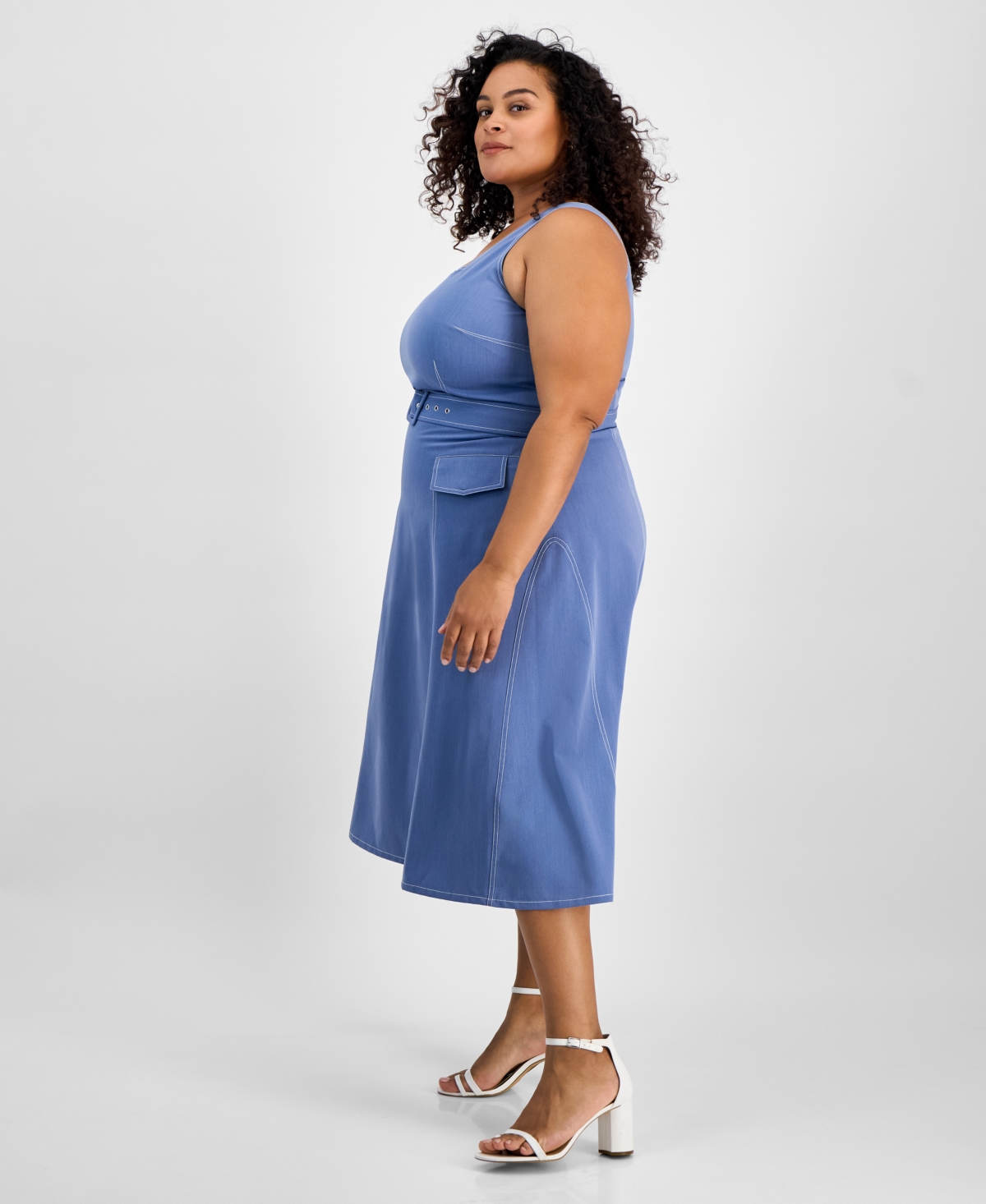 TAHARI TAHARI PLUS SIZE DENIM BELTED SQUARE-NECK MIDI DRESS 