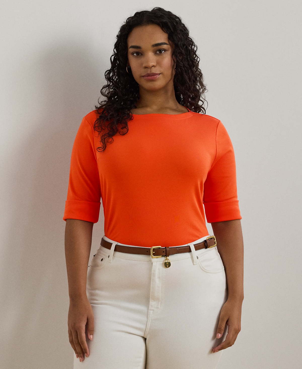 Ralph Lauren Plus Size Stretch Cotton Boatneck Tee In Orange Lily