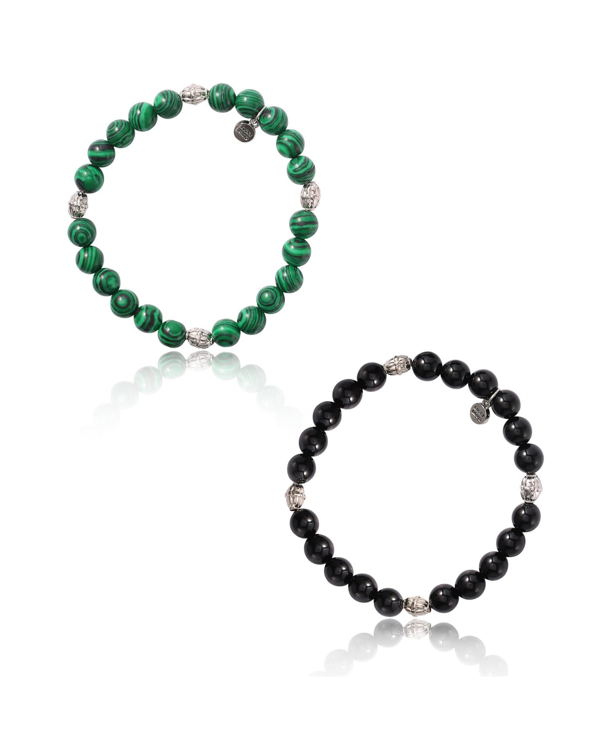 Black and Green Beaded Stretch Bracelets - Two-Piece Natural Stone Set for Men - Green, black
