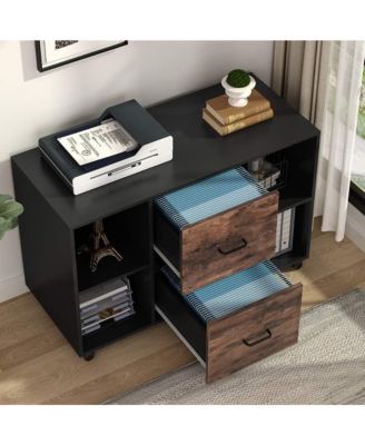 Large Mobile Lateral Filing Cabinet, 2 Drawer File Cabinet with Storage Shelves and Rolling Wheels