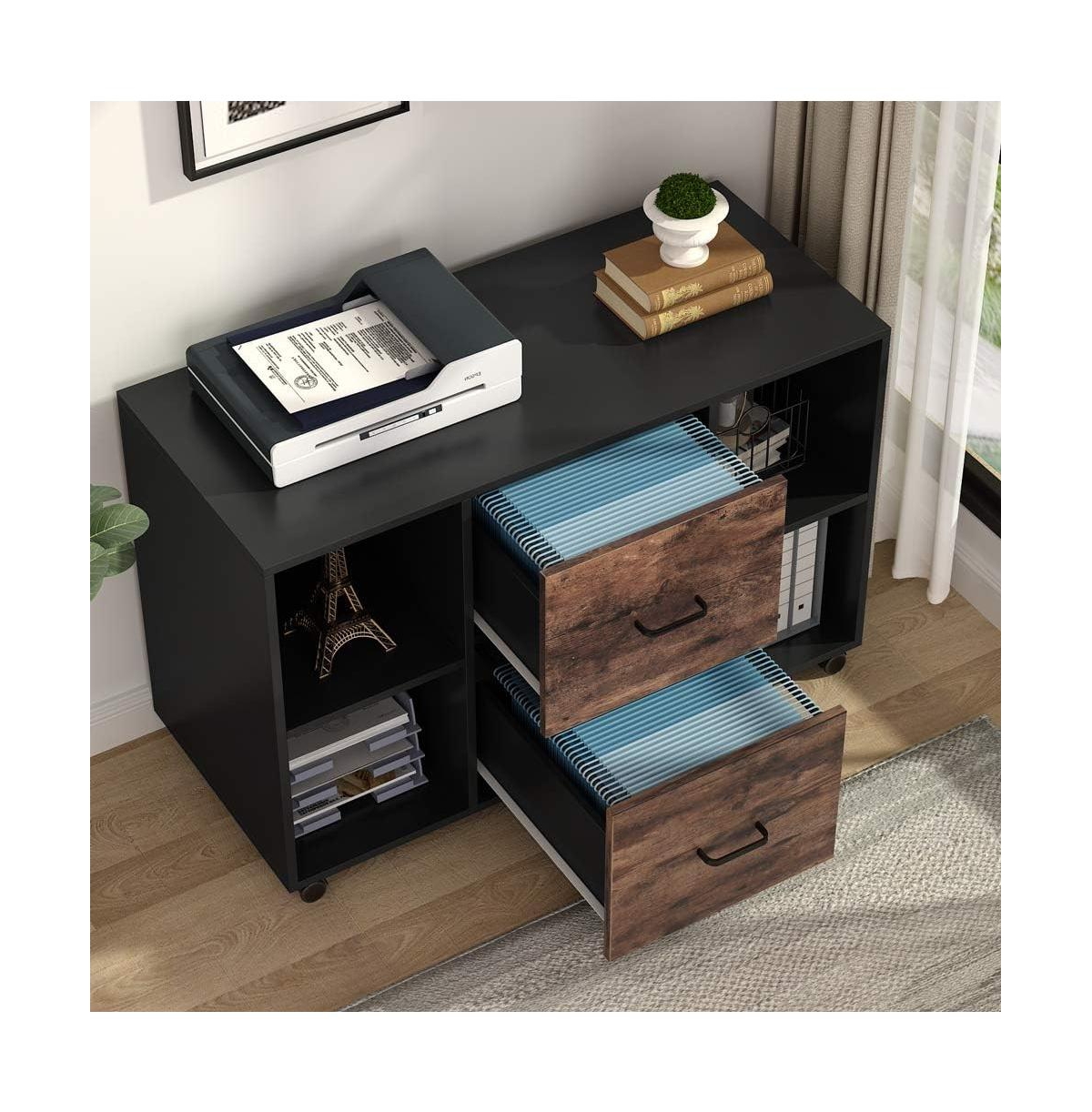 Tribesigns Mobile Lateral Filing Cabinet, 2 Drawer File Cabinet with Storage Shelves and Rolling Wheels - Black and brown