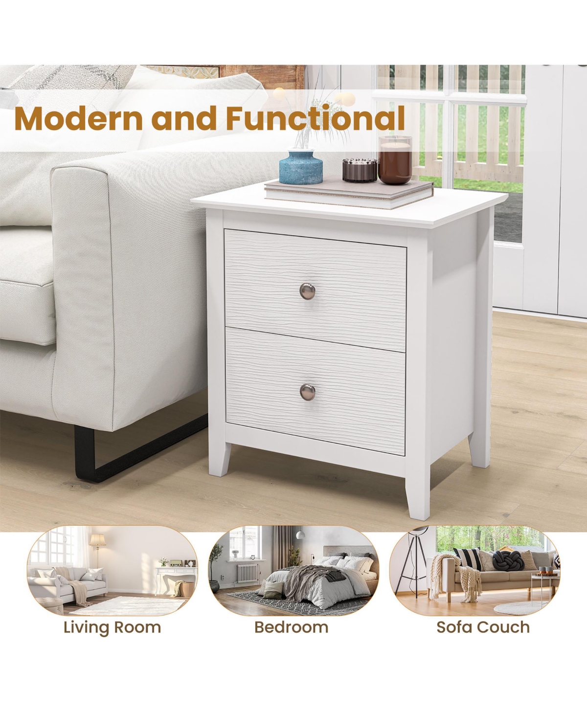 Gymax Modern Nightstand with Storage 2 Drawers & Support Legs for Bedroom- White