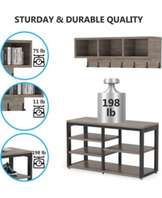 Coat Rack Set and Industrial Shoe Bench, 3 Storage Cubbies, 7 Hooks for Entryway, Hallway, 5-in-1Design