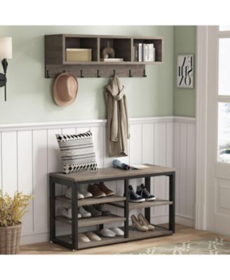 Coat Rack Set and Industrial Shoe Bench, 3 Storage Cubbies, 7 Hooks for Entryway, Hallway, 5-in-1Design